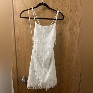 Lulu’s Making Magic White Fringe Lace-Up Mini Dress